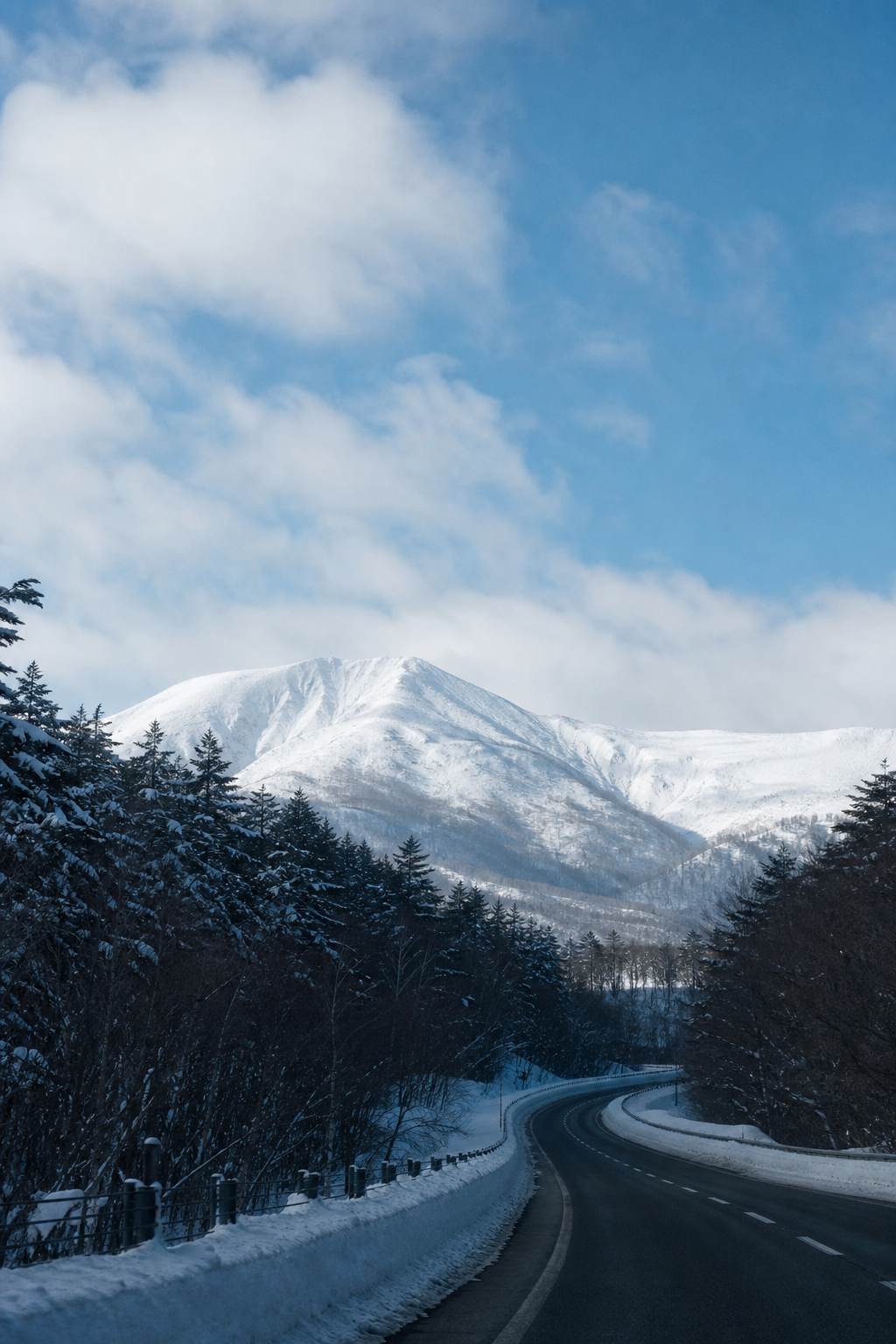 東北新幹線の車内から雪景色を望む旅のイメージ