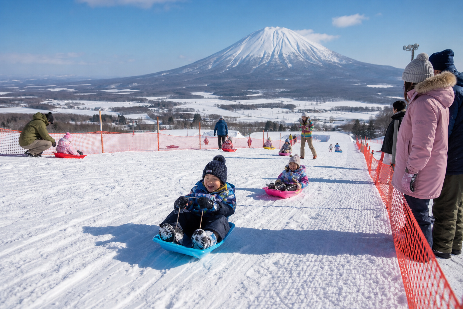 そり専用ゾーンで遊ぶ家族——スキー斜面と区画された安全設計