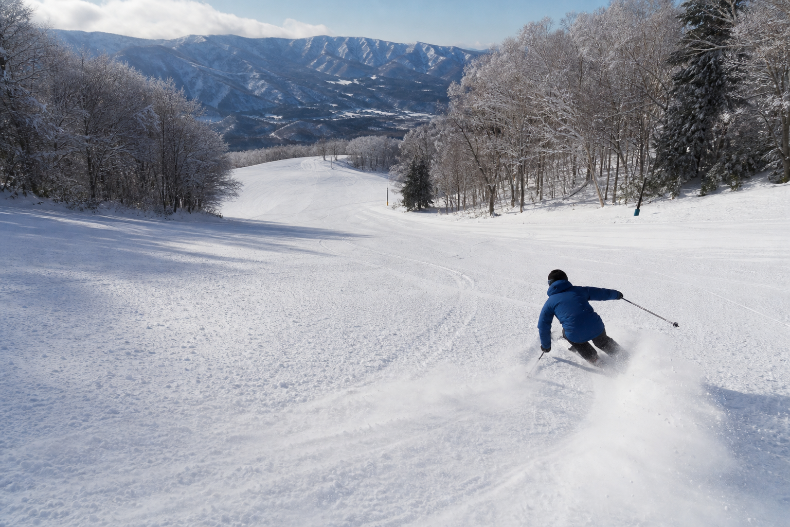 大雪山連峰を背景に広がるドライパウダーの緩斜面