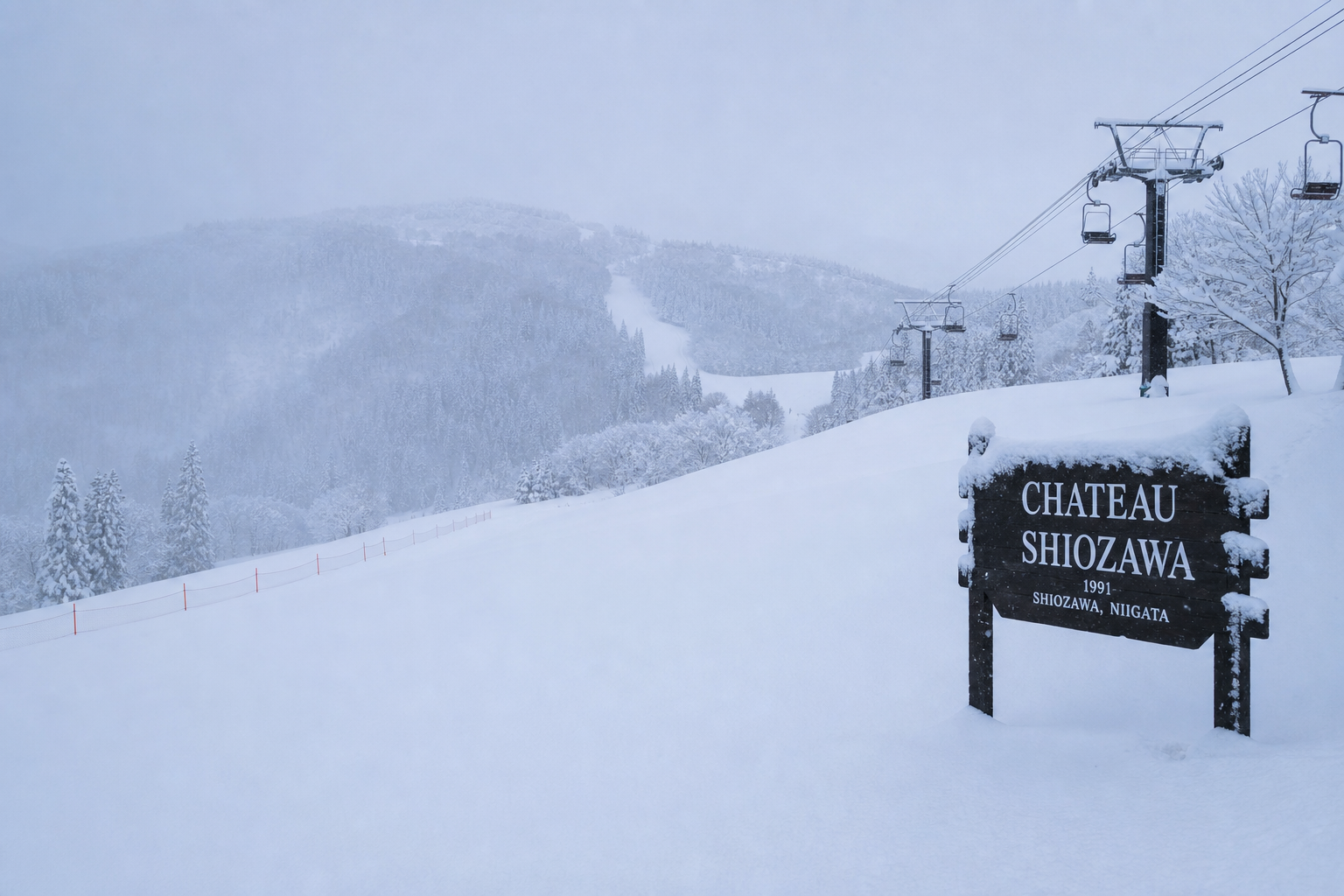 大雪山連峰を背景に広がるドライパウダーの緩斜面