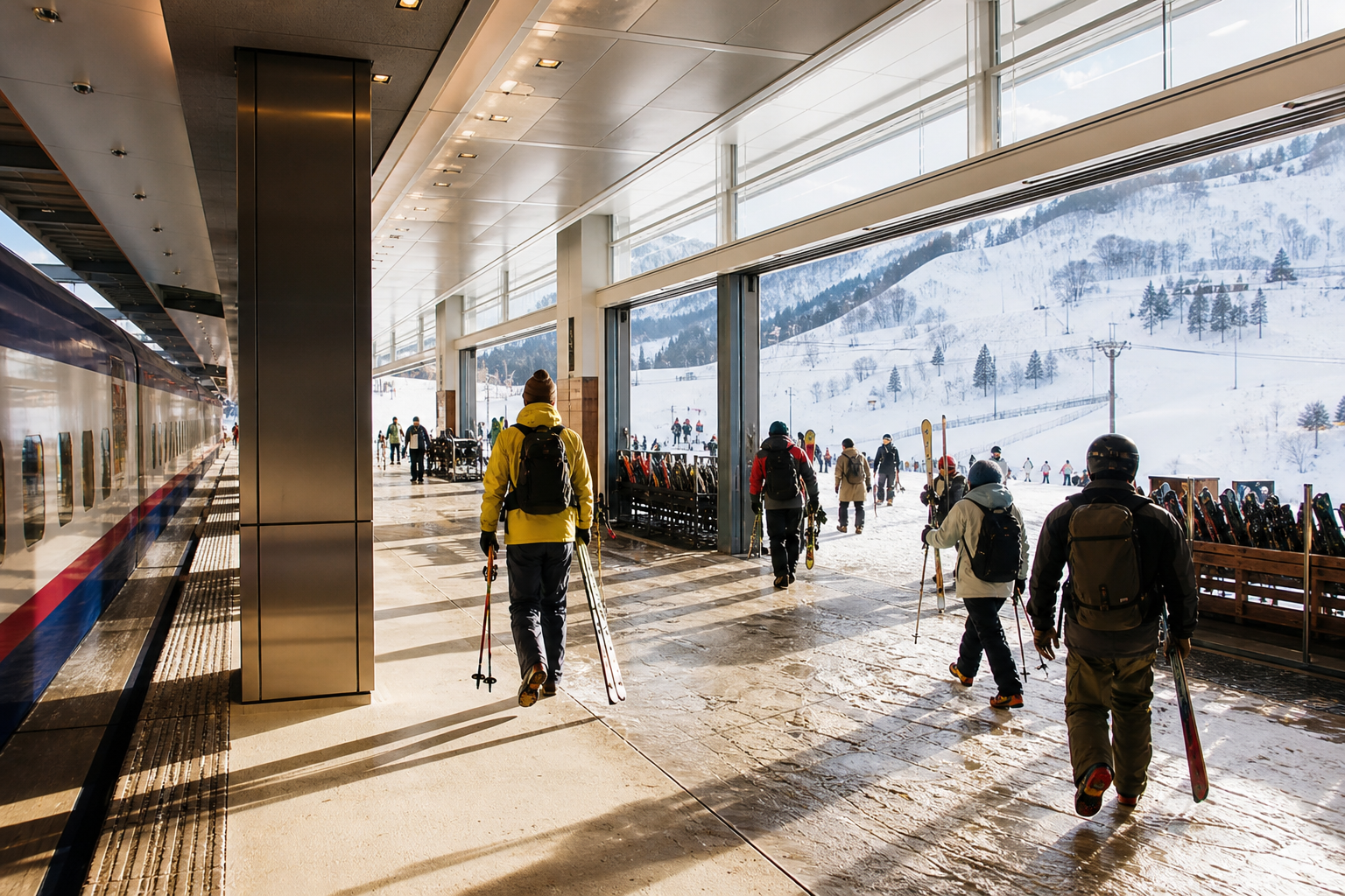 東北新幹線の車内から雪景色を望む旅のイメージ