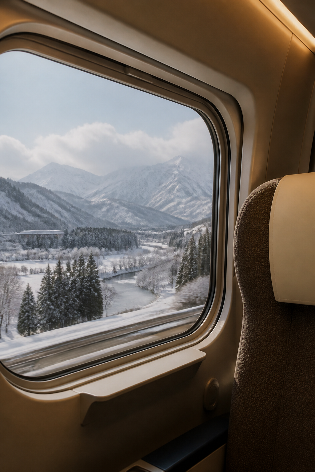 東北新幹線の車内から雪景色を望む旅のイメージ