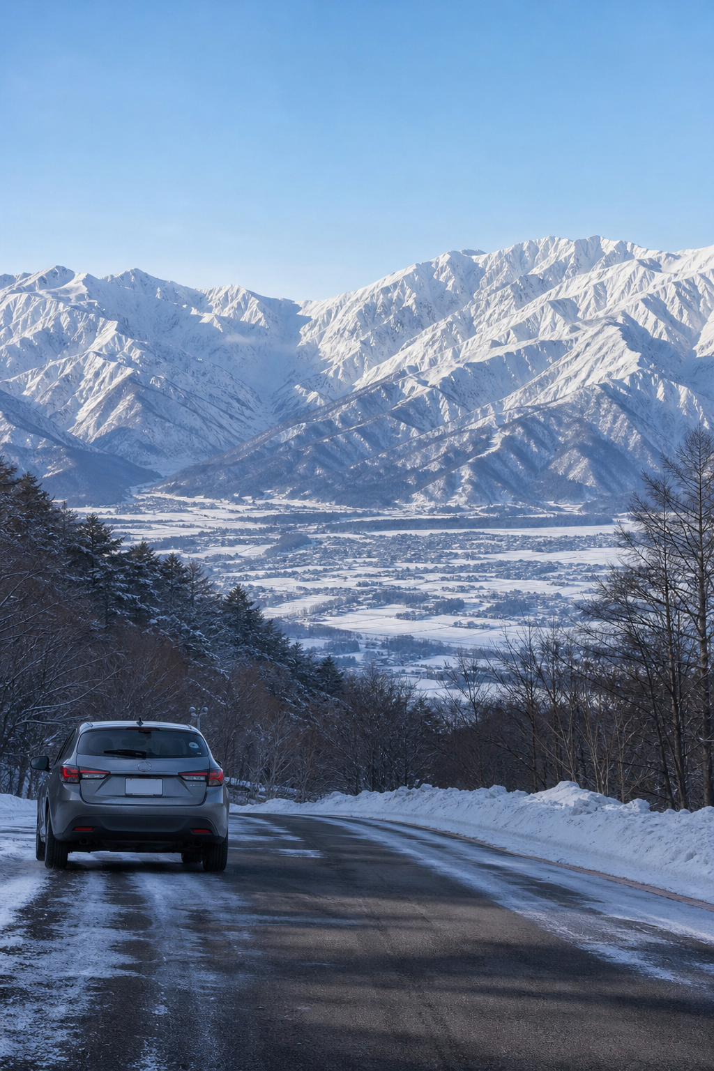 東北新幹線の車内から雪景色を望む旅のイメージ