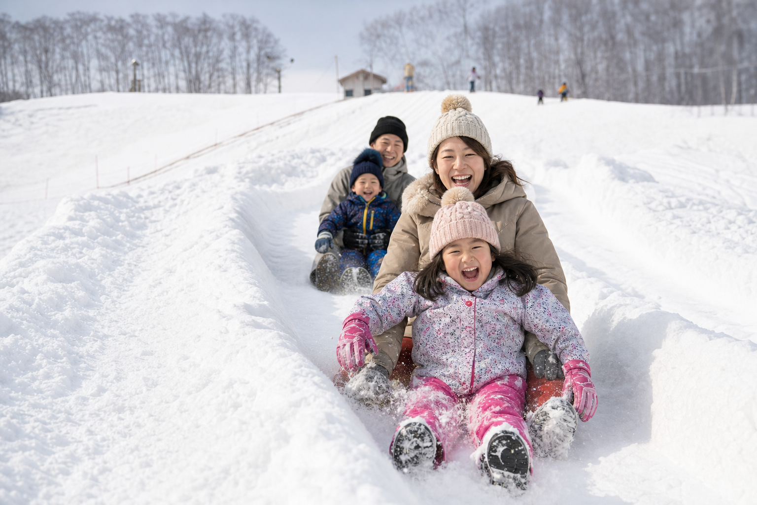 雪の滑り台で遊ぶ家族——緩やかな初級斜面