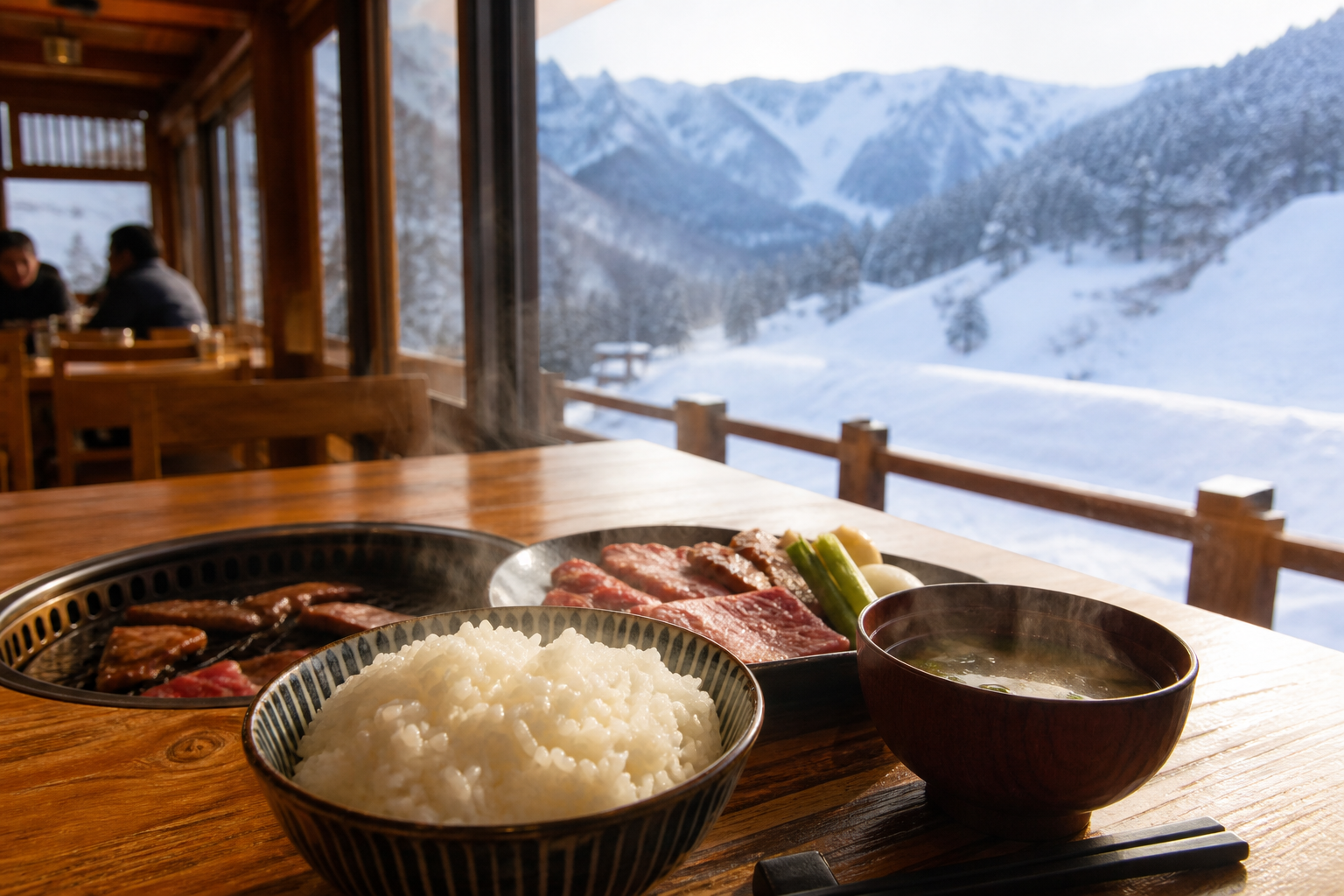 新幹線の車内から雪景色を望む旅のイメージ