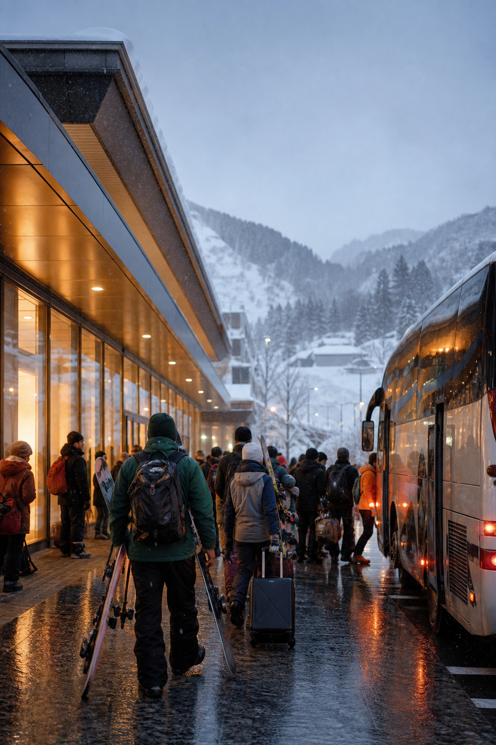 東北新幹線の車内から雪景色を望む旅のイメージ