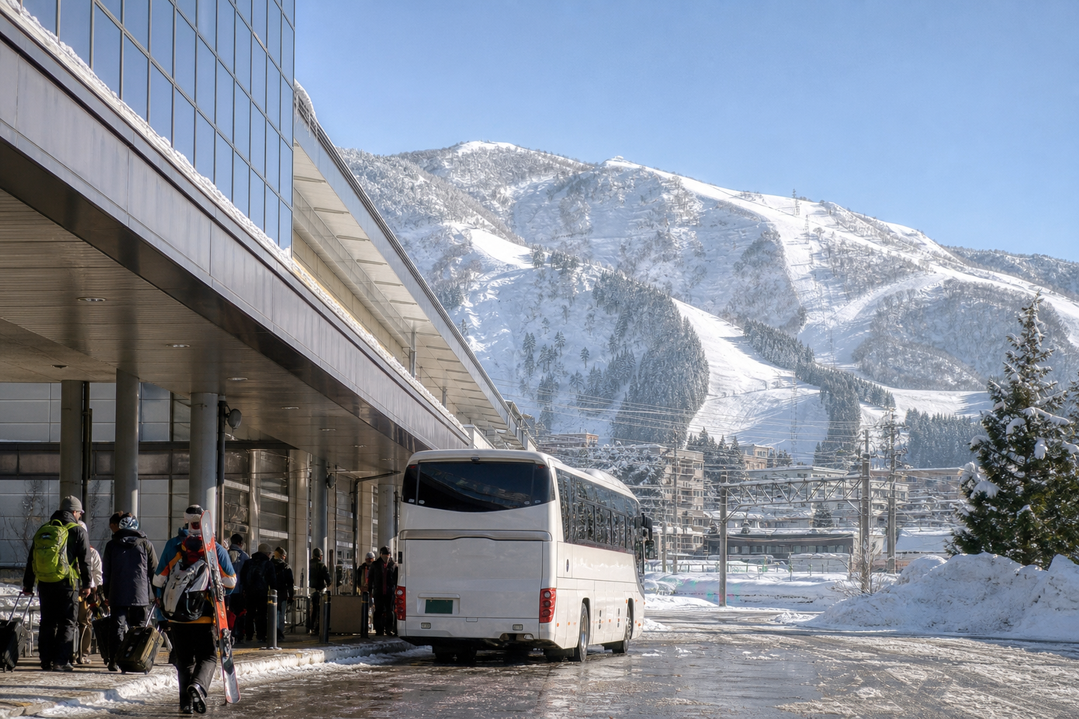 東北新幹線の車内から雪景色を望む旅のイメージ