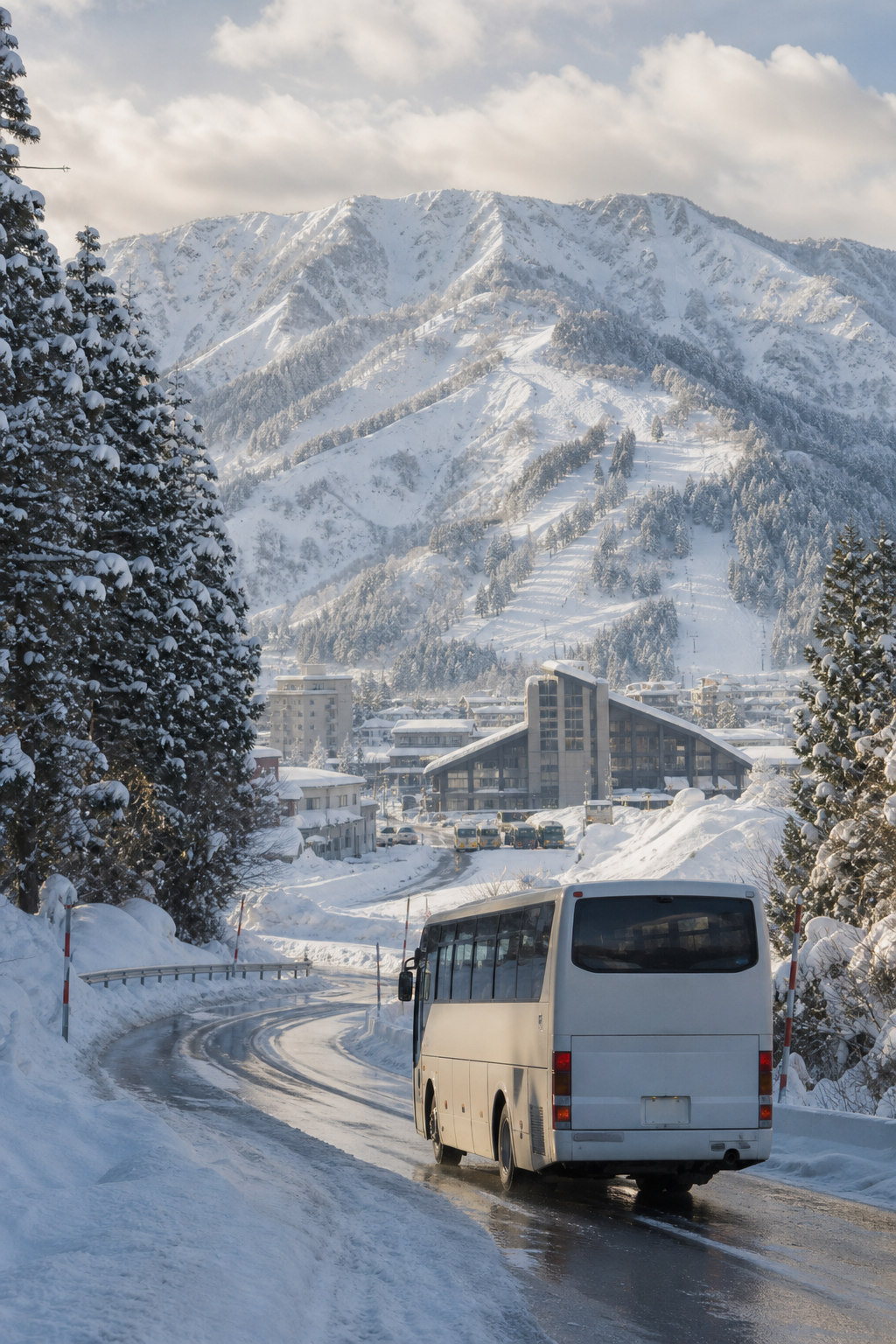 東北新幹線の車内から雪景色を望む旅のイメージ