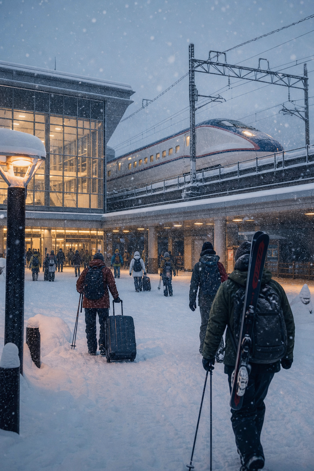東北新幹線の車内から雪景色を望む旅のイメージ