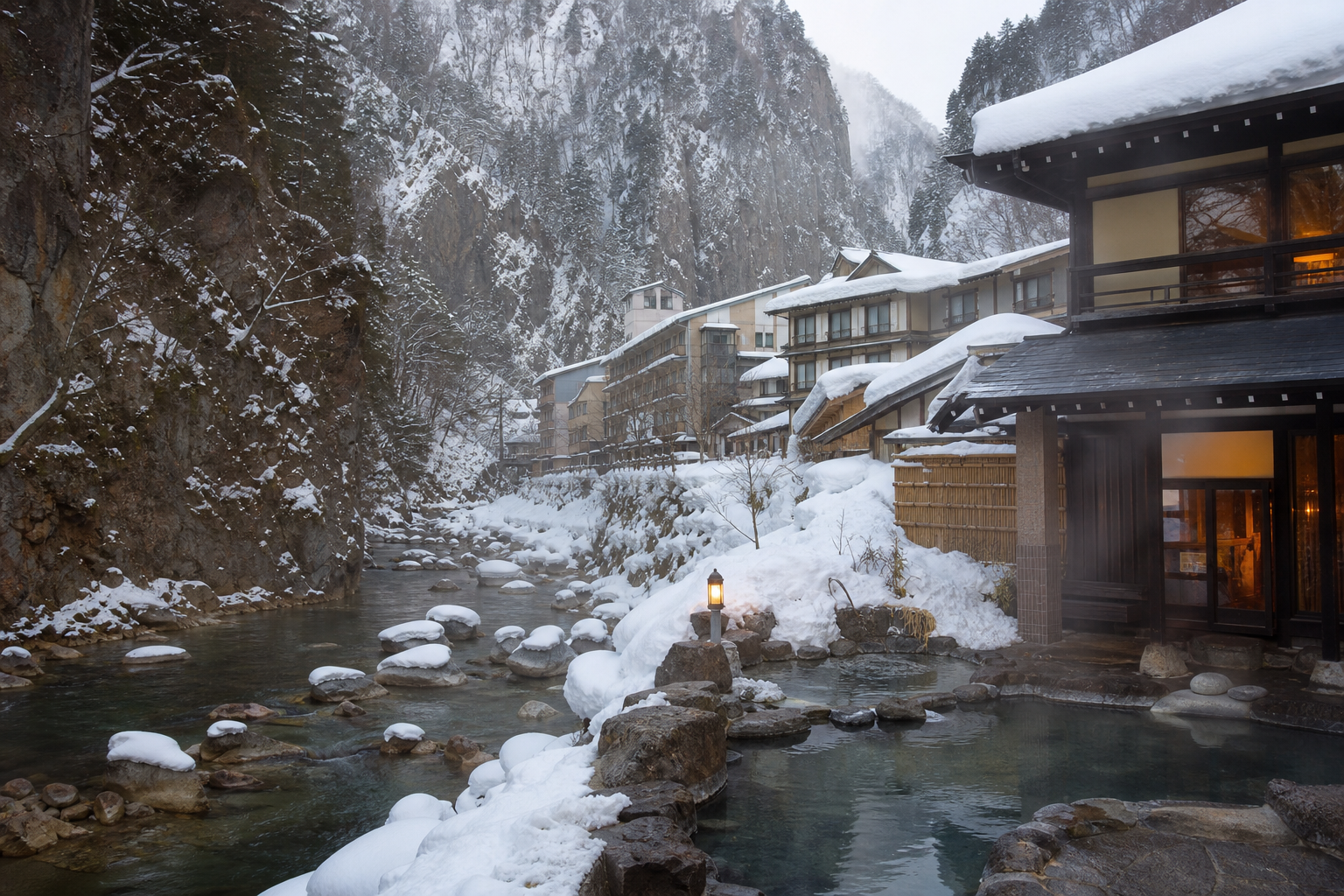層雲峡峡谷と雪景色——温泉旅館が並ぶ温泉街