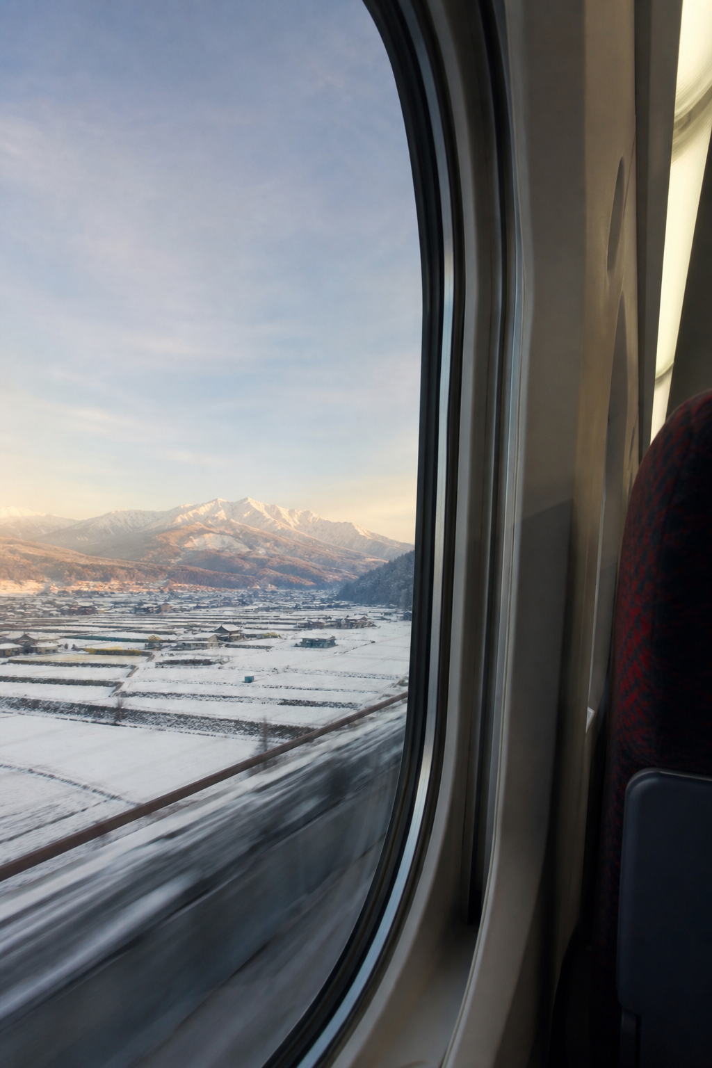 東北新幹線の車内から雪景色を望む旅のイメージ