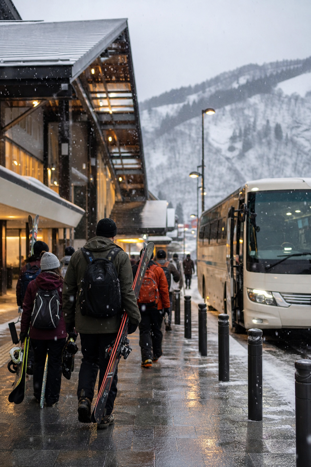 東北新幹線の車内から雪景色を望む旅のイメージ