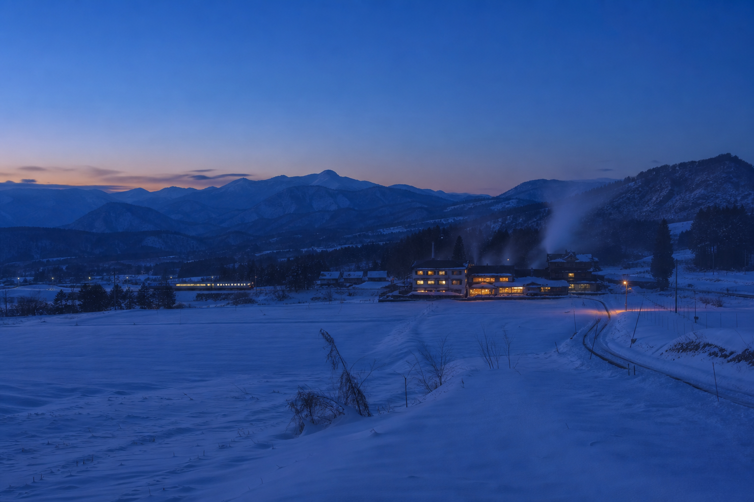 夕暮れに照らされた雪原とJR木次線——奥出雲の冬景色