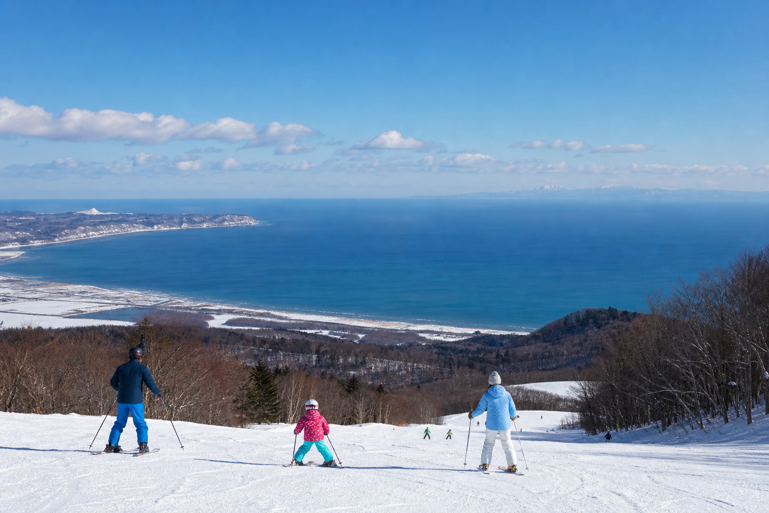 オホーツク海を望む大山スキー場——ワイド斜面で滑走するスキーヤー