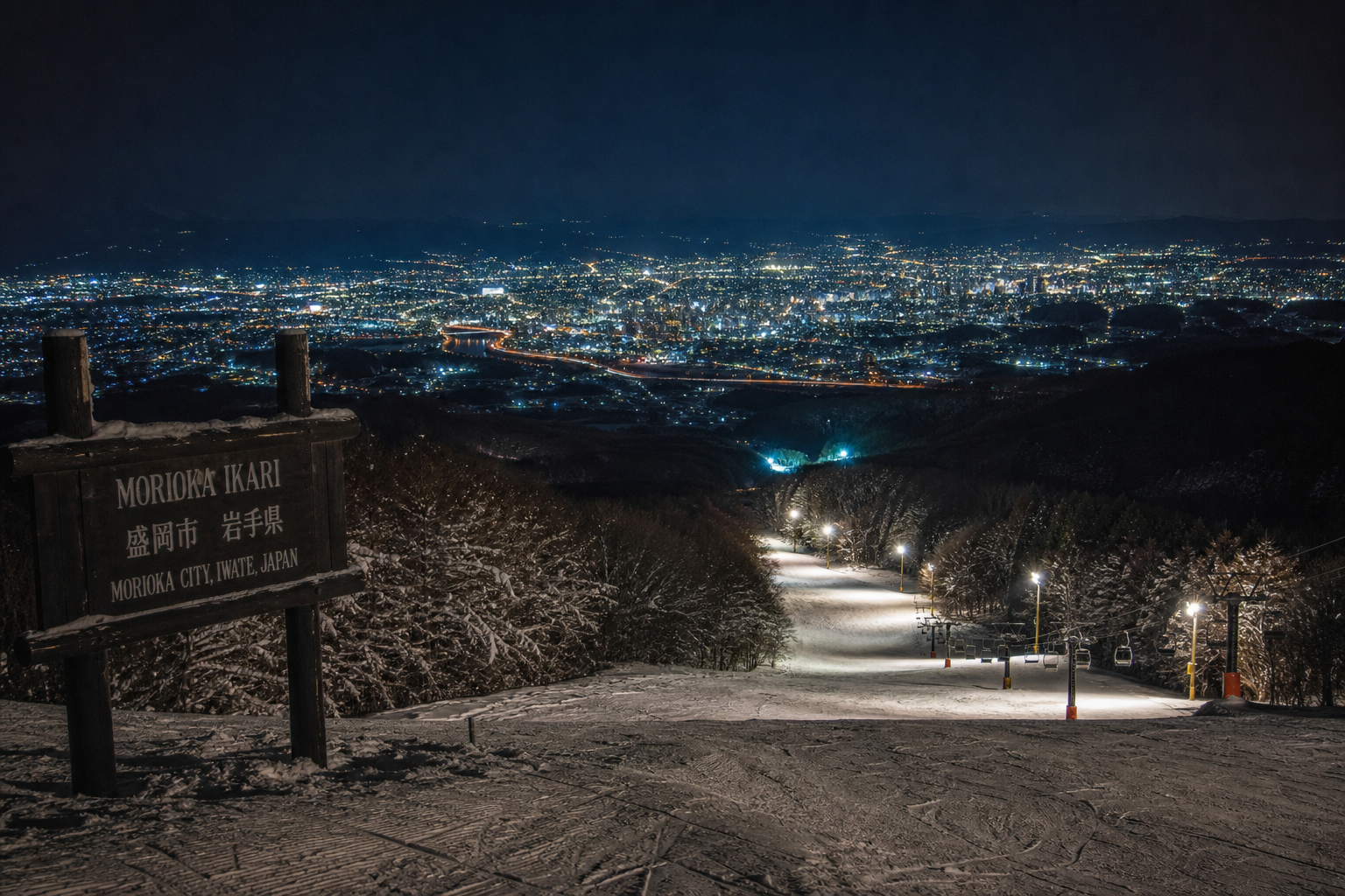 照明に照らされたナイターゲレンデ——夕方からの滑走