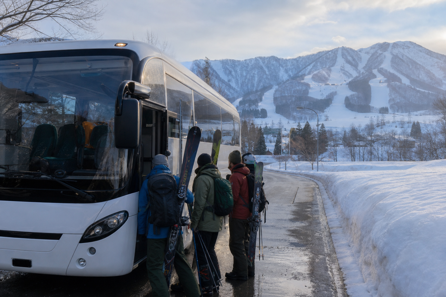 東北新幹線の車内から雪景色を望む旅のイメージ