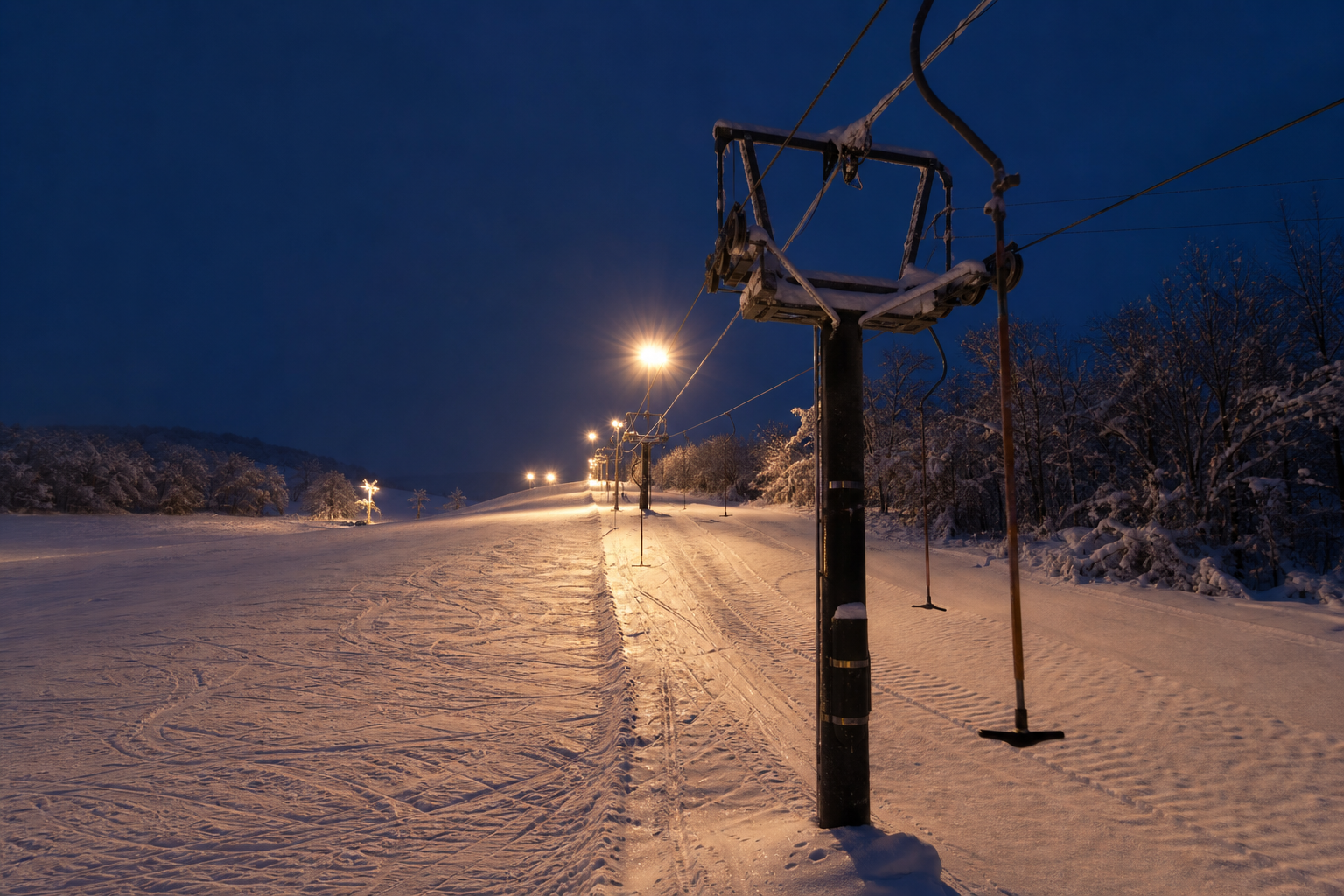 ナイターで照らされた町民ゲレンデ——静かな道北の雪面