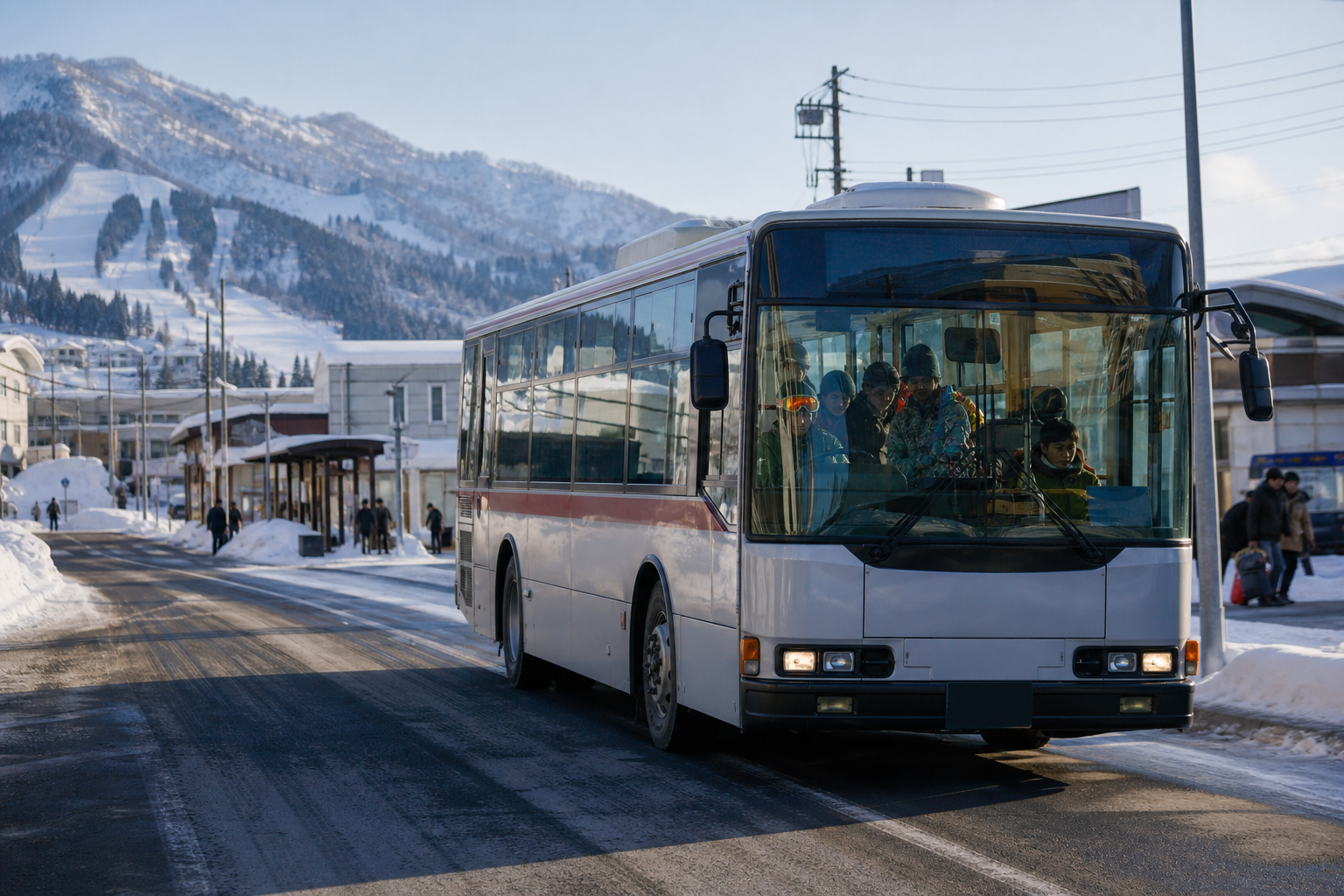 東北新幹線の車内から雪景色を望む旅のイメージ