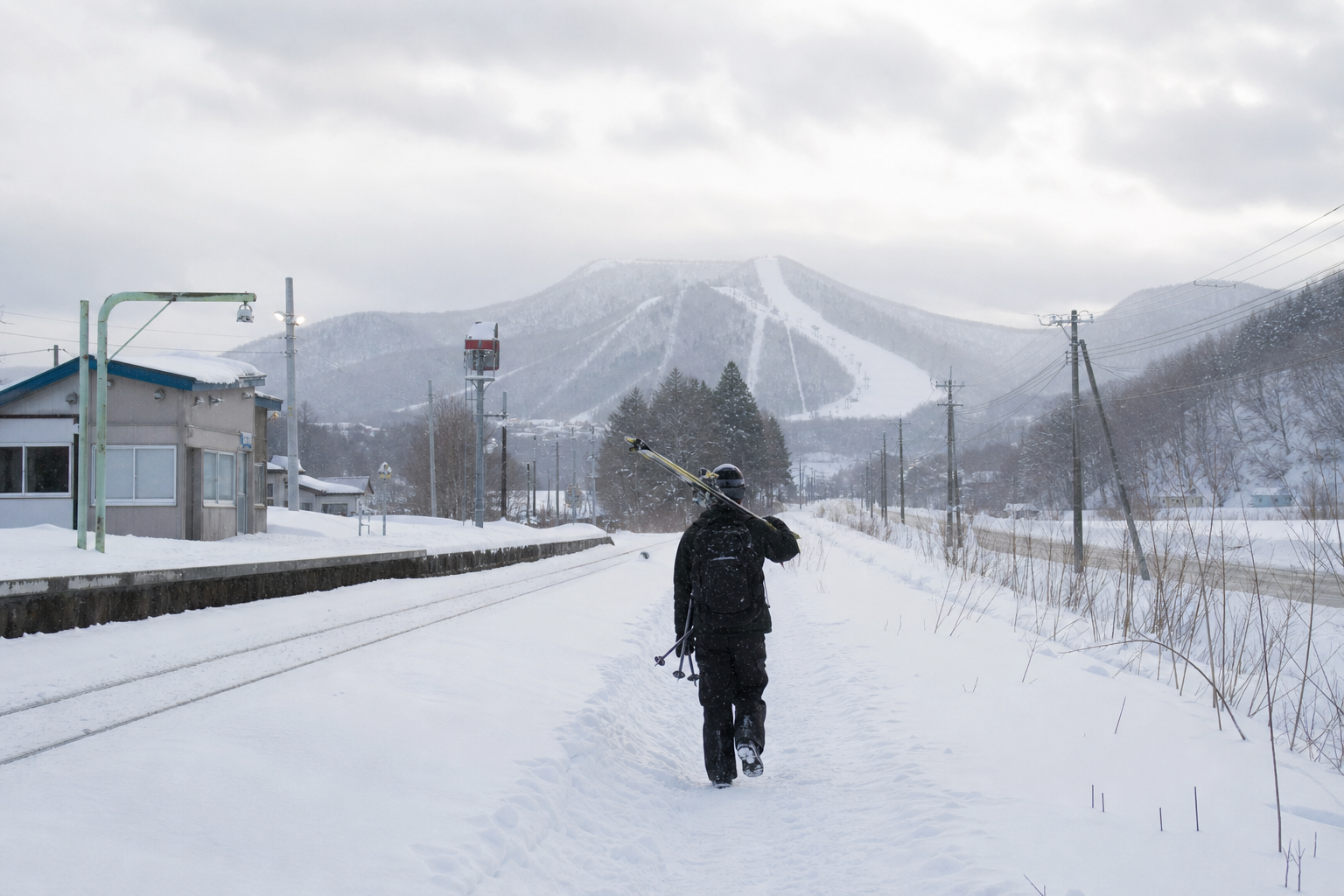 音威子府駅から雪原へ向かう15分の散策——電車で行ける稀有なスキー場
