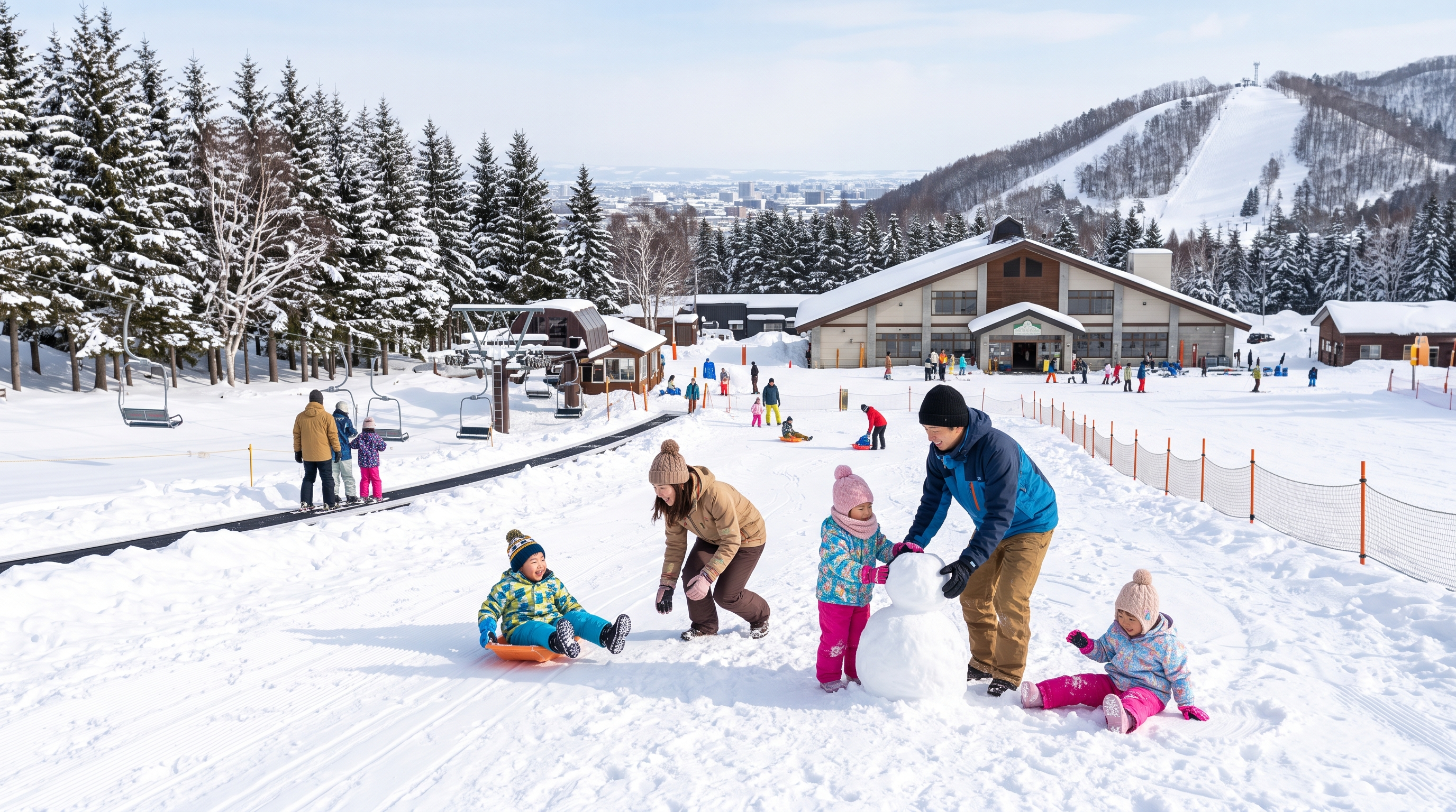 ファミリーがキッズゲレンデで雪遊びする様子——旭川サンタプレゼントパーク
