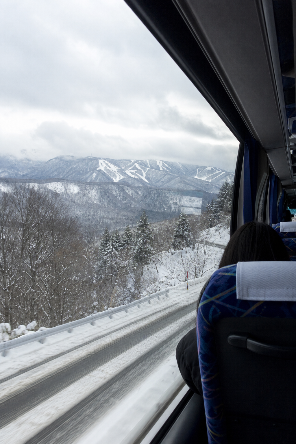 東北新幹線の車内から雪景色を望む旅のイメージ