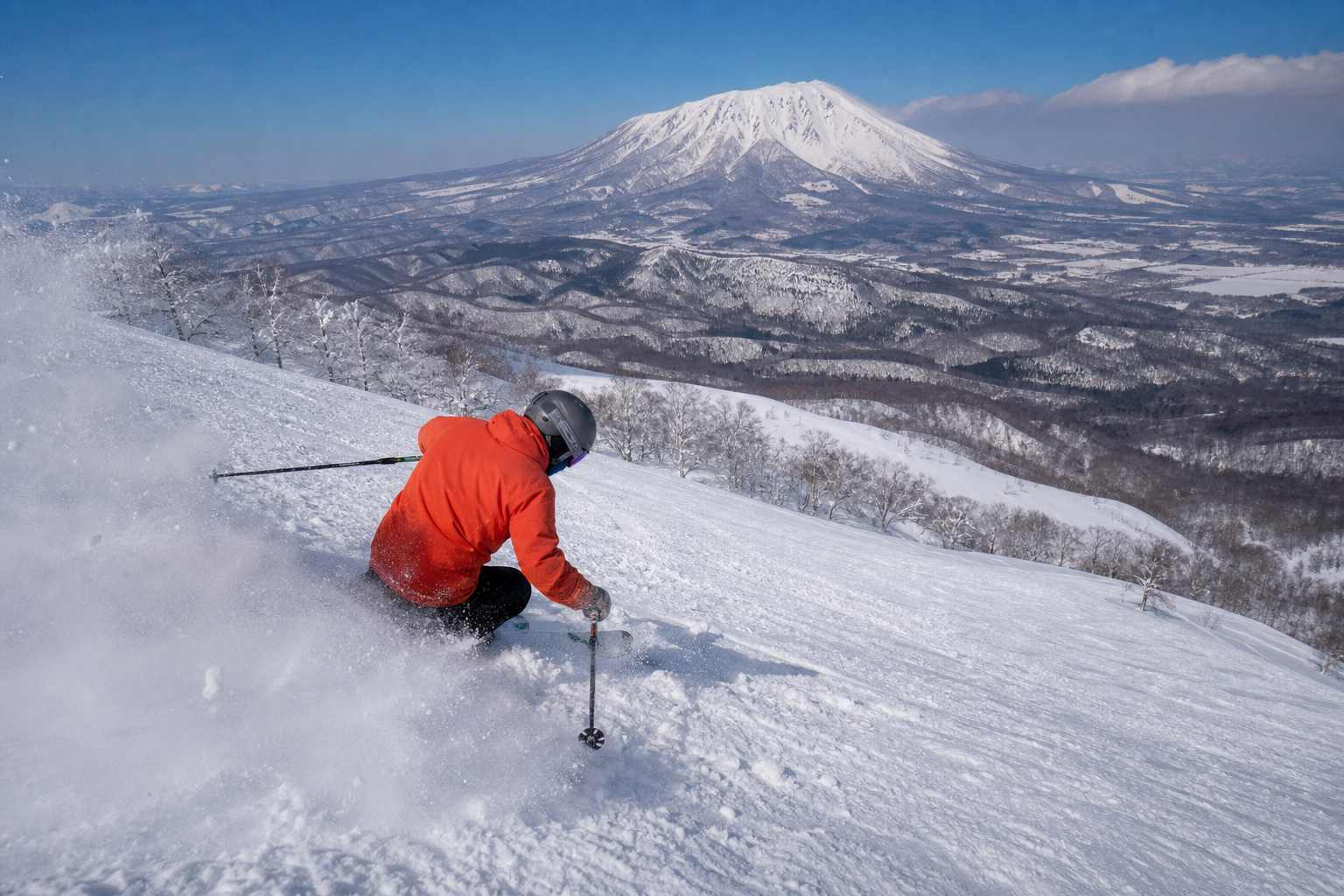 新幹線の車内から雪景色を望む旅のイメージ