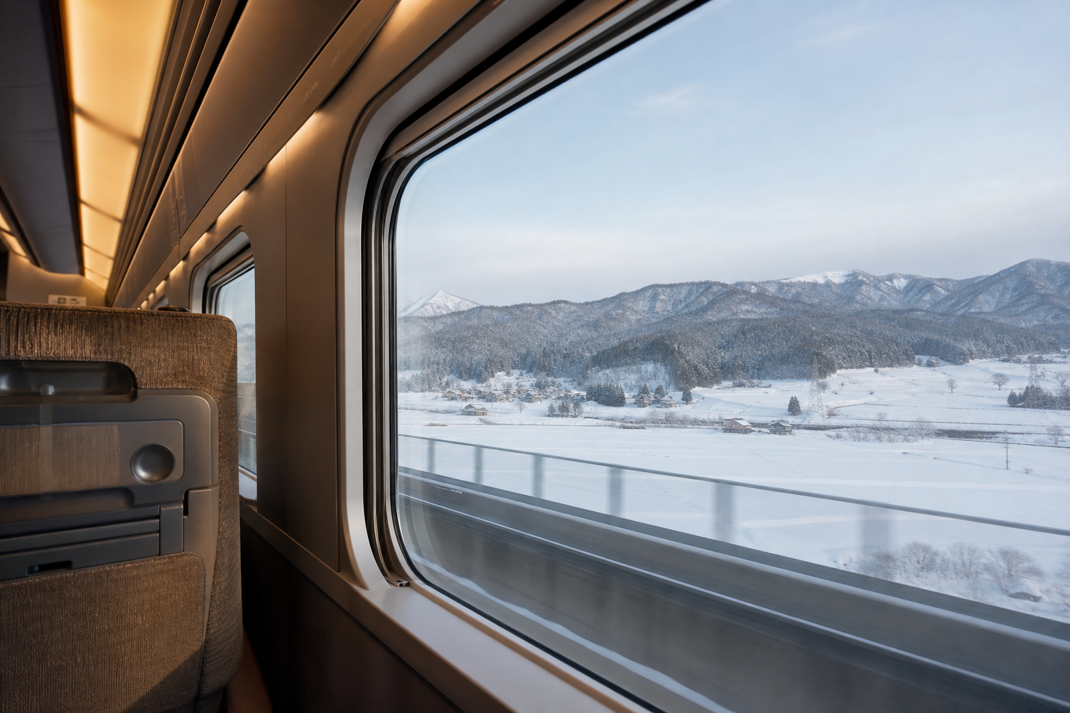 東北新幹線の車内から雪景色を望む旅のイメージ