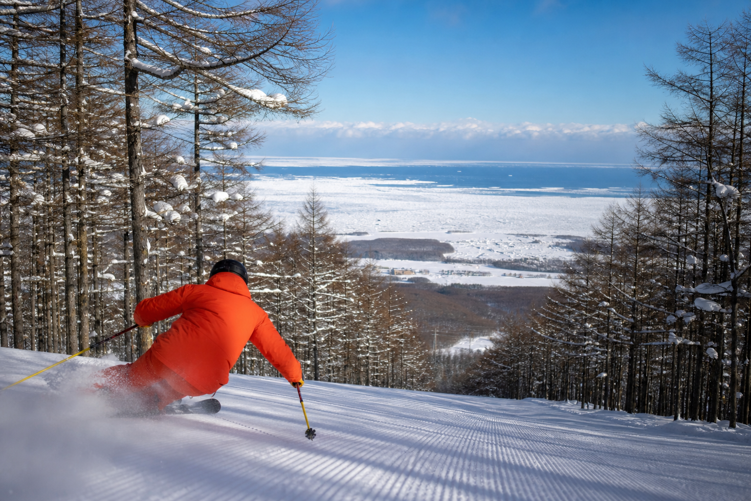 カラマツ林のバーンでカービングターン——流氷を背景に