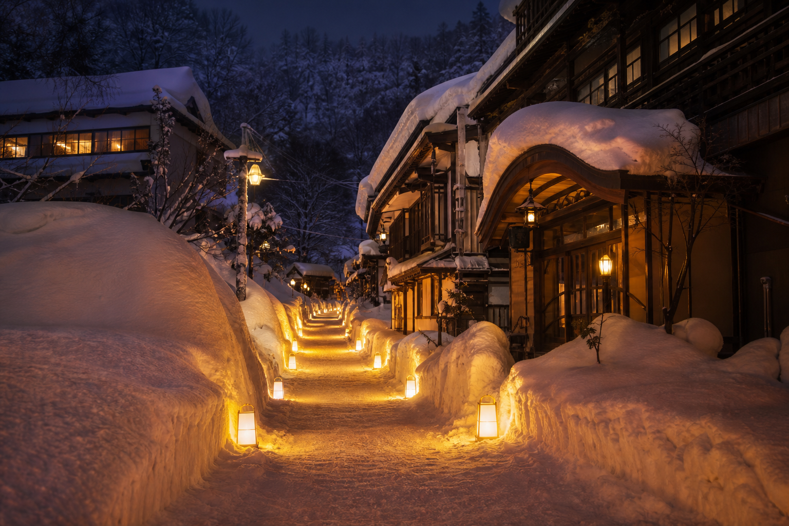 雪壁に灯る肘折幻想雪回廊——秘湯の風情ある温泉街